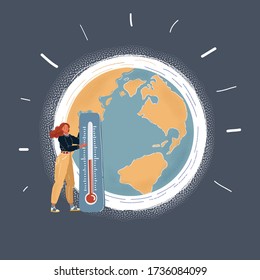 Cartoon vector illustration of earth globe and woman standing with thermometer on dark.