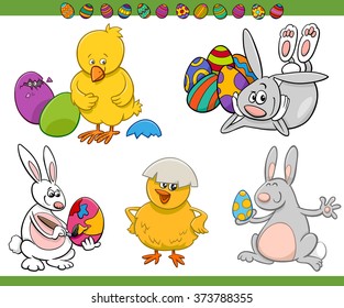 Cartoon Vector Illustration of Easter Bunnies and Chicks Holiday Set