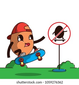 Cartoon Vector Illustration for the Easter holiday. Easter egg on a skateboard and in a baseball cap jumps in the park near the prohibitory jump sign