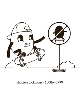 Cartoon Vector Illustration for the Easter holiday. Easter egg on a skateboard and in a baseball cap jumps in the park near the prohibitory jump sign. Coloring Book Page.