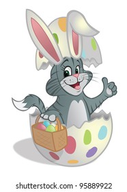 cartoon vector illustration of an Easter kitten with eggs in basket