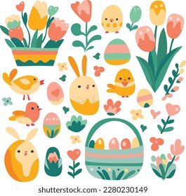A cartoon vector illustration of easter theme decorations and characters collection like easter eggs, easter rabbits, spring flowers, tulips and more.