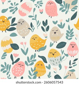 A cartoon vector illustration of easter theme seamless pattern background with easter eggs, easter chicks, spring flowers, tulips and more.
