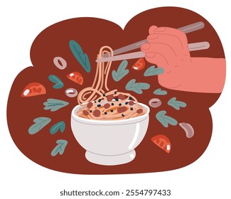 Cartoon vector illustration of Eating Instant Noodles with chopsick