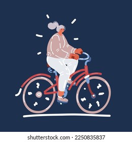 Cartoon Vektorgrafik des umweltfreundlichen Verkehrskonzepts. Junge moderne Frau fährt Fahrrad. Weibliche Figur auf dem Fahrrad bewegt sich um die Stadt. Pflege der Umwelt auf dunklem Hintergrund
