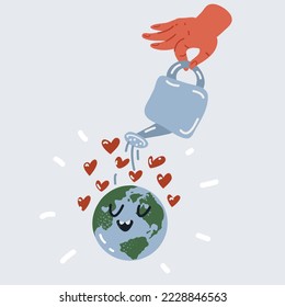 Cartoon vector illustration of Ecology poster. a hand with a watering can pours love heartsymbol on the globe