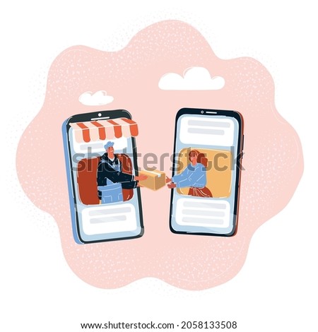 Cartoon vector illustration of e-commerce internet shopping concept. Man give purchase to woman by smartphones. Fast delivery concept.