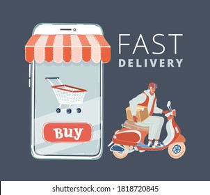 Cartoon vector illustration of E-commerce. Man ride scooter. Big screen of smartphone. Object on dark.