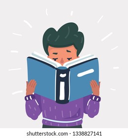 Cartoon vector illustration of education, childhood concept - student boy reading book. Human character on white bakcgorund.