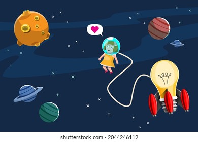 Cartoon vector illustration education concept. Having knowledge that encourages those who study knowledge to go farther and faster is like taking a lightbulb rocket out into beautiful space. 