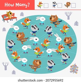 Cartoon Vector Illustration Of Education Counting Game For Preschool Children. How Many Bears And Bunnies Are Skating On The Ice Rink.