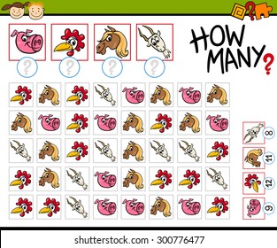 Cartoon Vector Illustration of Education Counting Game for Preschool Children with Farm Animals