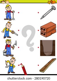 Cartoon Vector Illustration of Education Element Matching Game for Preschool Children with Workers and Tools
