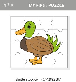 Cartoon Vector Illustration of Education Jigsaw Puzzle Game for Preschool Children with Funny Duck Bird
