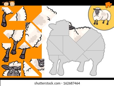 Cartoon Vector Illustration of Education Jigsaw Puzzle Game for Preschool Children with Funny Sheep Farm Animal