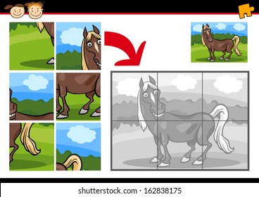 Cartoon Vector Illustration of Education Jigsaw Puzzle Game for Preschool Children with Funny Horse Farm Animal