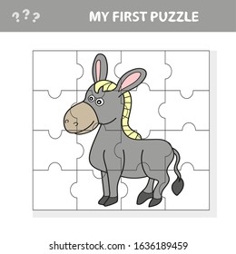 Cartoon Vector Illustration of Education Jigsaw Puzzle Game for Preschool Children with Funny Donkey Farm Animal - My first puzzle