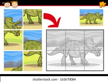 Cartoon Vector Illustration of Education Jigsaw Puzzle Game for Preschool Children with Funny Triceratops Dinosaur