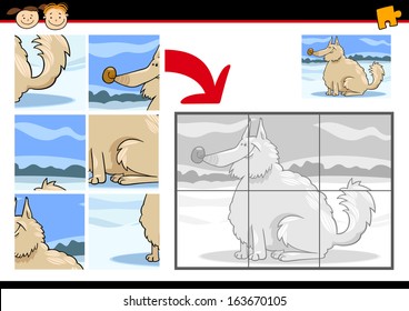 Cartoon Vector Illustration of Education Jigsaw Puzzle Game for Preschool Children with Funny Shaggy Dog