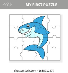 Cartoon Vector Illustration of Education Jigsaw Puzzle Game for Preschool Children with Funny Shark Fish Animal Character - My first puzzle