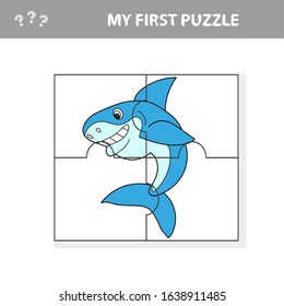 Cartoon Vector Illustration of Education Jigsaw Puzzle Game for Preschool Children with Funny Shark Fish Animal Character - My first puzzle