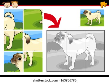 Cartoon Vector Illustration of Education Jigsaw Puzzle Game for Preschool Children with Funny Pug Dog