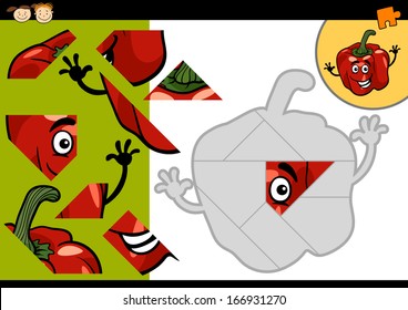Cartoon Vector Illustration of Education Jigsaw Puzzle Game for Preschool Children with Funny Red Pepper Character