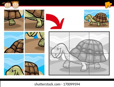 Cartoon Vector Illustration of Education Jigsaw Puzzle Game for Preschool Children with Funny Turtle Animal