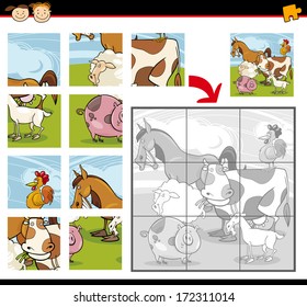 Cartoon Vector Illustration Education Jigsaw Puzzle Game for Preschool Children and Funny Farm Animals Group