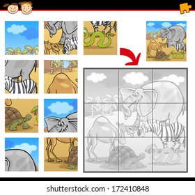 Cartoon Vector Illustration of Education Jigsaw Puzzle Game for Preschool Children with Funny Safari Wild Animals Group