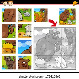 Cartoon Vector Illustration of Education Jigsaw Puzzle Game for Preschool Children with Funny Wild Forest Animals Group