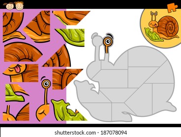 Cartoon Vector Illustration of Education Jigsaw Puzzle Game for Preschool Children with Funny Snail with Lettuce Character