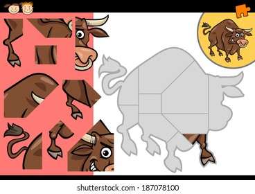 Cartoon Vector Illustration of Education Jigsaw Puzzle Game for Preschool Children with Funny Bull Animal Character