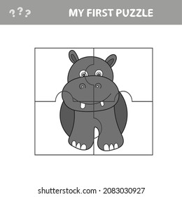 Cartoon vector illustration of education jigsaw puzzle game for preschool children with funny hippo. My first puzzle