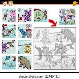 Cartoon Vector Illustration of Education Jigsaw Puzzle Game for Preschool Children with Sea Life Animals or Fish Group