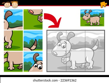 Cartoon Vector Illustration of Education Jigsaw Puzzle Game for Preschool Children with Funny Puppy Dog