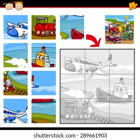 Cartoon Vector Illustration of Education Jigsaw Puzzle Game for Preschool Children with Transport Vehicles Characters Group