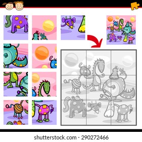 Cartoon Vector Illustration of Education Jigsaw Puzzle Game for Preschool Children with Fantasy Animals Characters Group