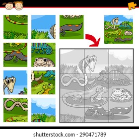 Cartoon Vector Illustration of Education Jigsaw Puzzle Game for Preschool Children with Reptiles and Amphibians Animals Characters Group