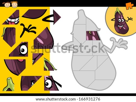 Cartoon Vector Illustration of Education Jigsaw Puzzle Game for Preschool Children with Funny Eggplant Character