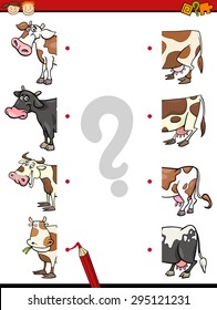 Cartoon Vector Illustration of Education Matching Elements Halves Game for Preschool Children with Cow Animal Characters