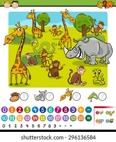 Cartoon Vector Illustration of Education Mathematical Game for Preschool Children with Safari Animals