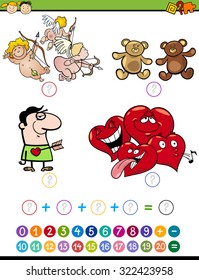 Cartoon Vector Illustration of Education Mathematical Addition Task for Preschool Children with Valentines Day Characters