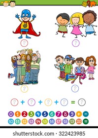 Cartoon Vector Illustration of Education Mathematical Addition Task for Preschool Children with Pupils Characters
