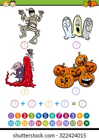Cartoon Vector Illustration of Education Mathematical Addition Task for Preschool Children with Halloween Characters