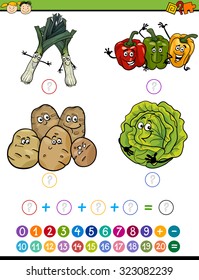Cartoon Vector Illustration of Education Mathematical Addition Task for Preschool Children with Funny Vegetables