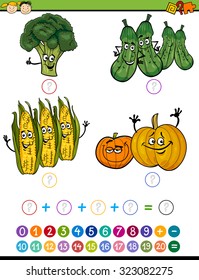 Cartoon Vector Illustration of Education Mathematical Addition Game for Preschool Children with Funny Vegetables