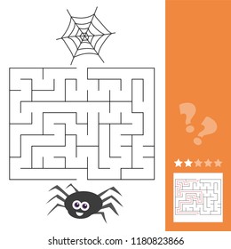 Cartoon Vector Illustration of Education Maze or Labyrinth Activity Game for Children with Spider Insect Character and his Web