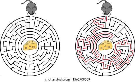 Cartoon Vector Illustration of Education Maze or Labyrinth Game for Preschool Children with Funny Mouse and Cheese