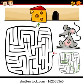 Cartoon Vector Illustration of Education Maze or Labyrinth Game for Preschool Children with Funny Mouse Animal and Cheese